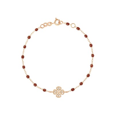Bracelet Gigi Clozeau Lucky Trèfle en or rose, résine moka et diamants, taille 17cm