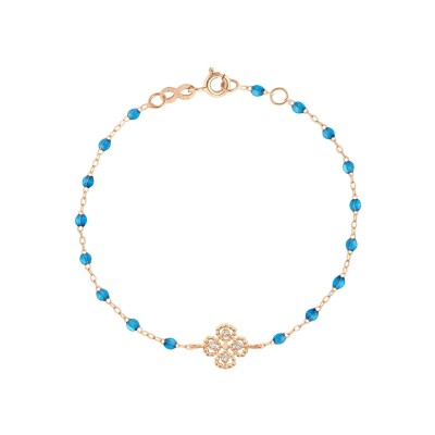 Bracelet Gigi Clozeau Lucky Trèfle en or rose, résine azur et diamants, taille 17cm