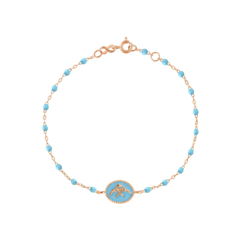 Bracelet Gigi Clozeau Poisson Ange en or rose et résine turquoise bleu, taille 17cm