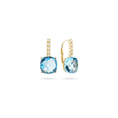 Boucles d'oreilles Dormeuses Cesare Pompanon Poppy Blue en or jaune, diamants et topaze swiss blue, petit modèle