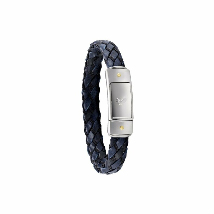Bracelet Jourdan Bijoux Hauc en cuir bleu et acier, longueur 19.5cm