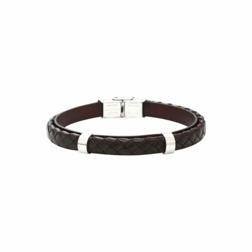 Bracelet Elden Paris en acier cuir tressé marron 2 motifs 20cm