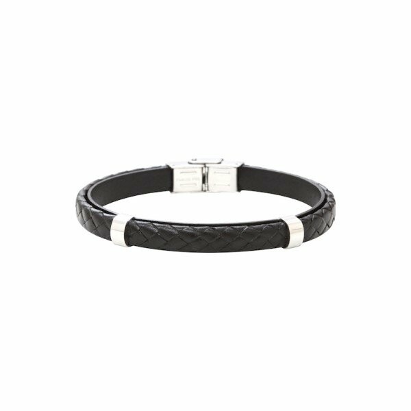 Bracelet Elden Paris en acier cuir tressé noir 2 motifs 20cm