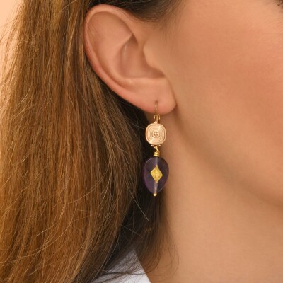 Boucles d'oreilles SATELLITE Babylone en plaqué or et améthyste