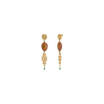 Boucles d'oreilles SATELLITE Babylone en plaqué or, quartz et agate