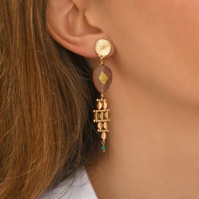 Boucles d'oreilles SATELLITE Babylone en plaqué or, quartz et agate