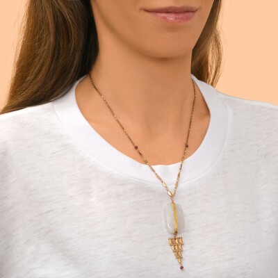 Collier SATELLITE Babylone en plaqué or, grenat et cristal de roche