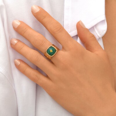 Bague SATELLITE Babylone en plaqué or et agate, taille ajustable