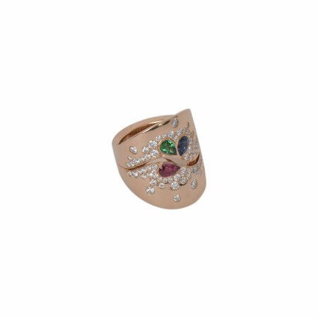 Bague Ph. Tisseront en or rose et diamants, saphir, rubis et émeraude taille poire