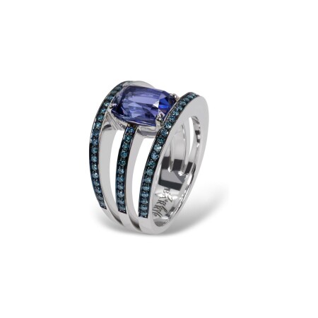 Bague Isabelle Barrier Blue Lagoon en or blanc, diamants bleus et tanzanite, taille  53