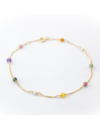 Bracelet Maison Ballet by Scarlett en or jaune 9 carats, perle de culture d'eau douce, tourmaline, ambre et améthyste