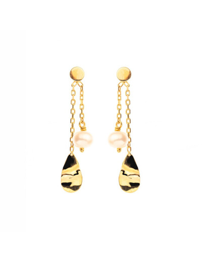 Boucles d'oreilles Maison Ballet by Scarlett gouttes froissées pendantes en or jaune 9 carats et perle de culture d'eau douce