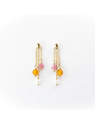 Boucles d'oreilles Maison Ballet by Scarlett en or jaune 9 carats, perle de culture d'eau douce, tourmaline et ambre