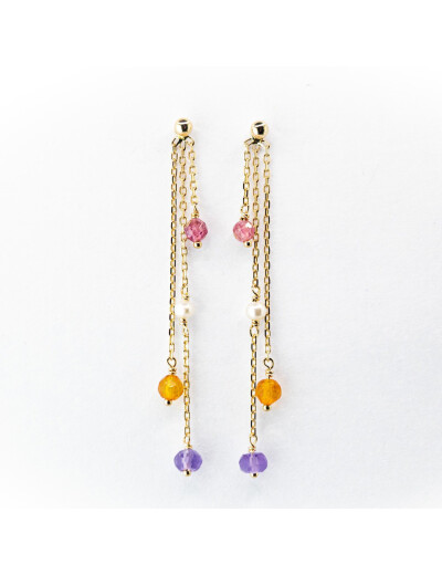 Boucles d'oreilles Maison Ballet by Scarlett en or jaune 9 carats, perle de culture d'eau douce, tourmaline, ambre et améthyste