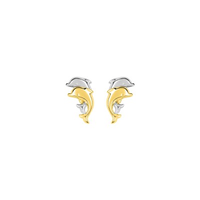 Boucles d'oreilles dauphins en or jaune et or blanc