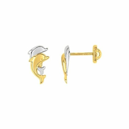 Boucles d'oreilles dauphins en or jaune et or blanc