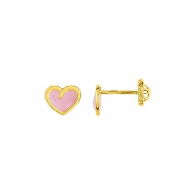 Boucles d'oreilles coeurs en or jaune et laque rose