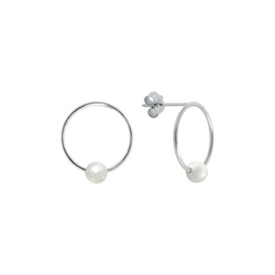 Boucles d'oreilles créoles Claverin Pure en or blanc et perles blanches