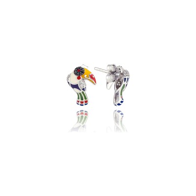 Boucles d'oreilles Una Storia Toucan en argent rhodié et oxydes de zirconium