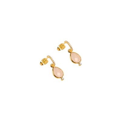 Boucles d'oreilles Une A Une Pondichery en laiton doré et quartz rose 