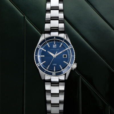 March LA.B BONZER AUTOMATIC 41 MM Watch - DOUBLE BLUE - Brushed Steel 3 Links