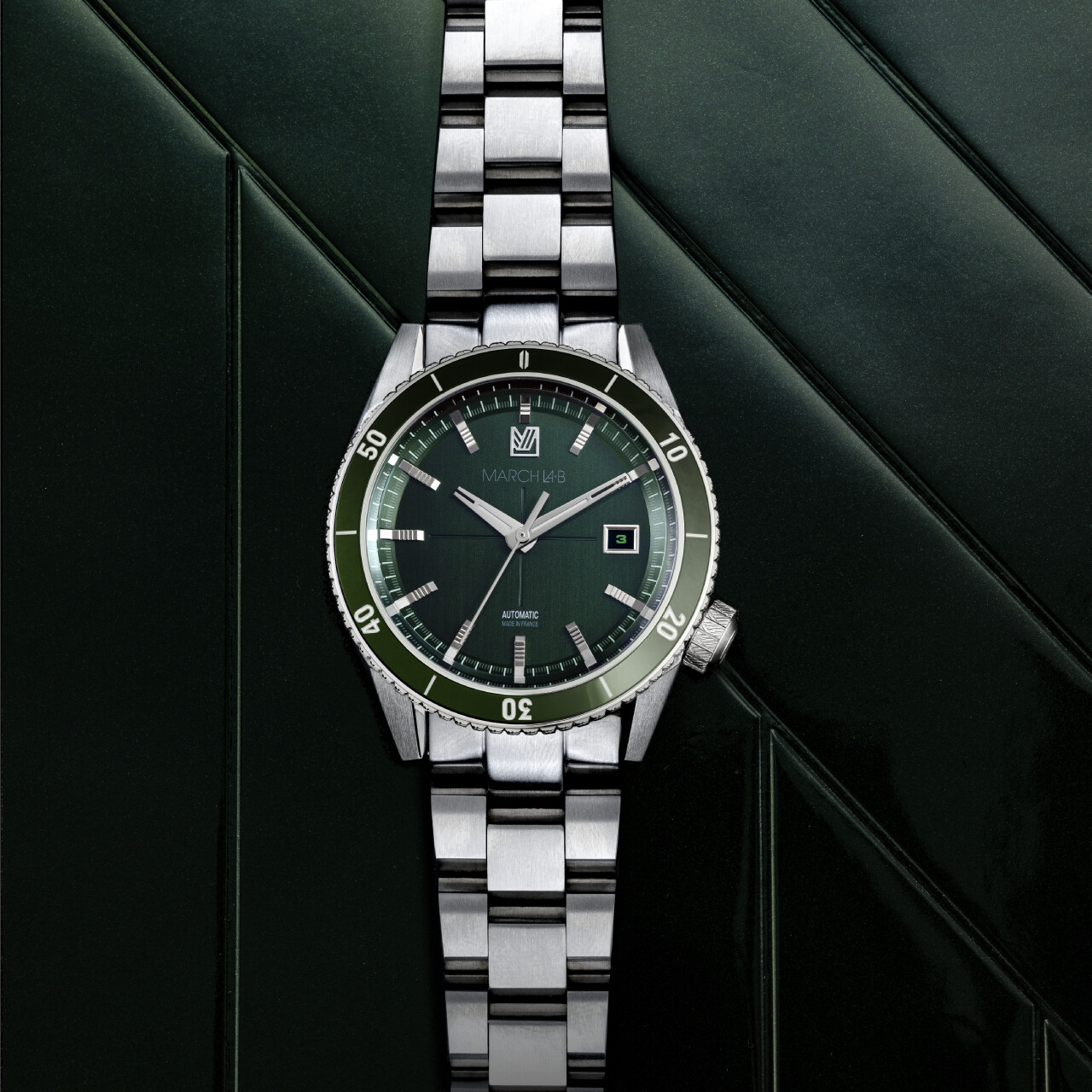 Montre March LA.B BONZER AUTOMATIQUE 41 MM - DOUBLE GREEN - Acier Brossé 3 Maillons