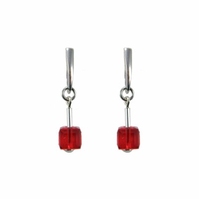 Boucles d'oreilles Indicolite Pixel Carré en argent et cristaux rouges