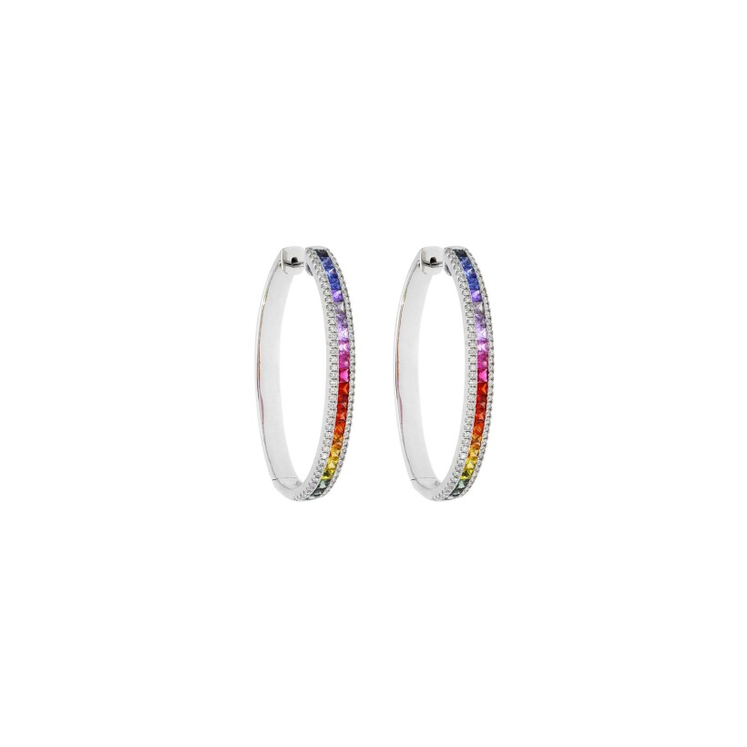 Boucles d'oreilles créoles Rainbow Grand modèle en or blanc, saphirs et diamants