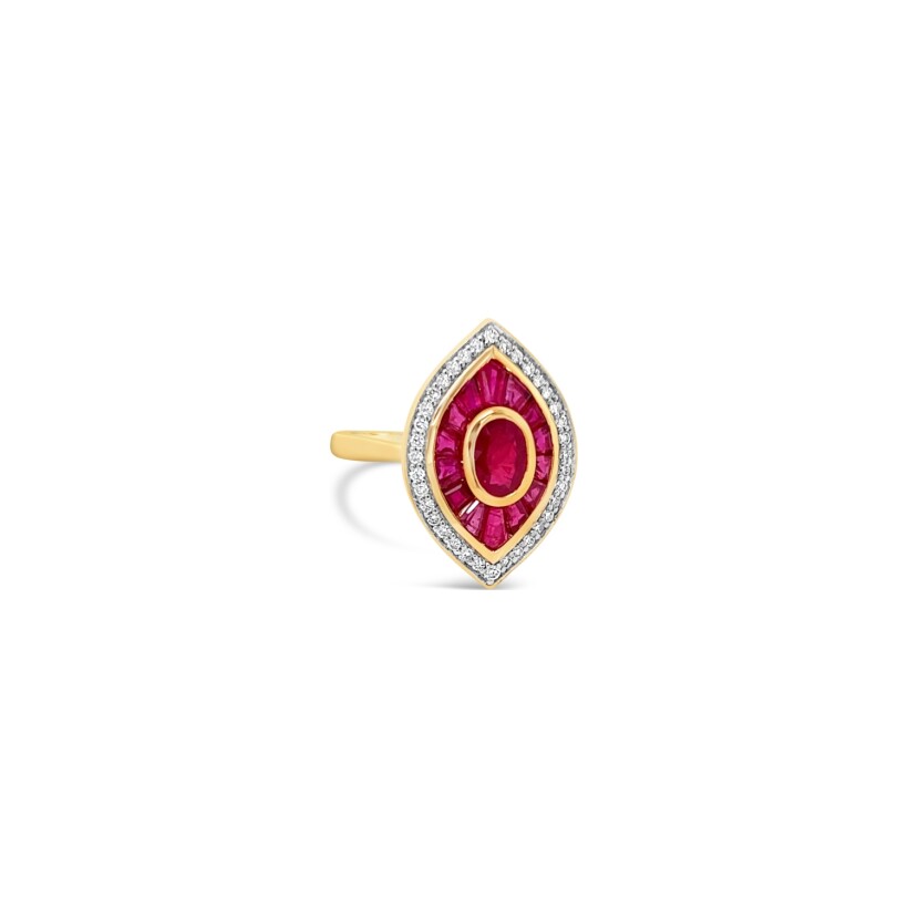 Bague Gringoire Joaillerie en or jaune, rubis et diamants