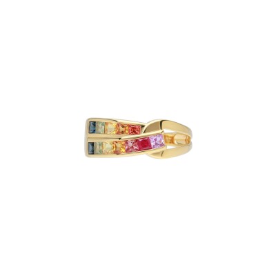 Bague Gringoire Joaillerie en or jaune, saphirs de couleurs et rubis