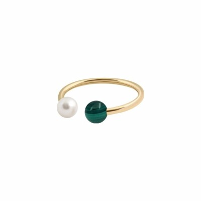 Bague Claverin Hope Le Jonc en or jaune, perle blanche et malachite, taille S