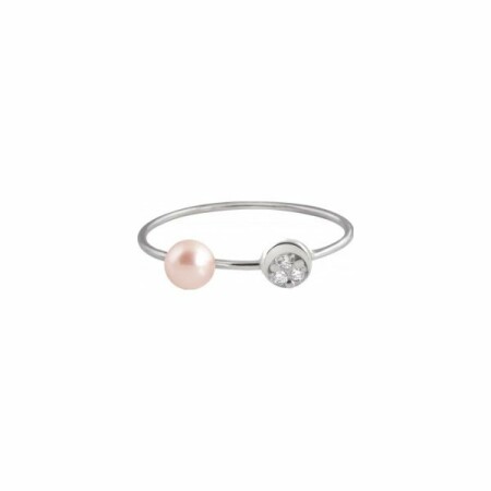 Bague Claverin Motif Mini Diamond Moon en or blanc et perle rose