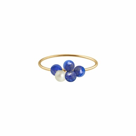 Bague Claverin Lotta love Bouquet of pearls en or jaune, perles blanches et lapis lazuli