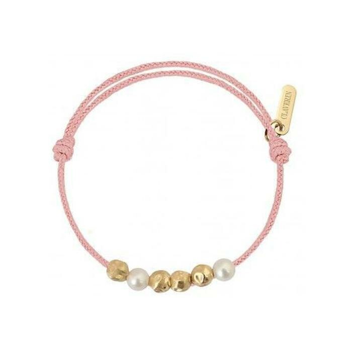 Bracelet Claverin Baby claverin sur cordon rose poudré en or jaune et perles blanches