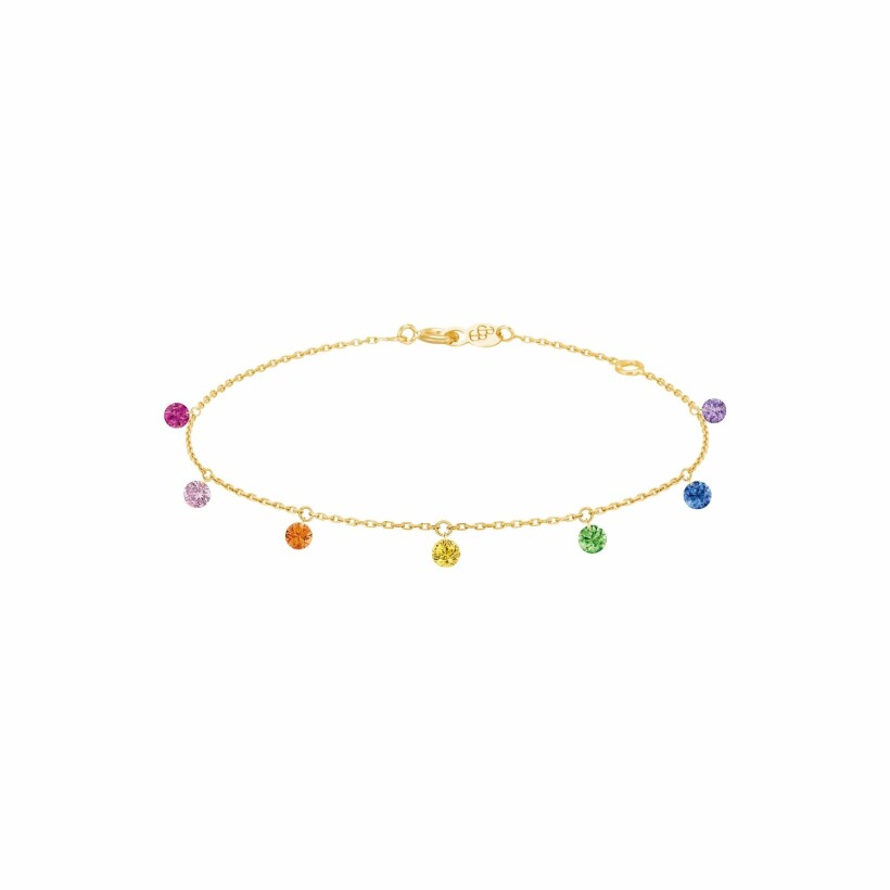 LA BRUNE & LA BLONDE CONFETTI rainbow bracelet, yellow gold, rubies, pink, orange, yellow and blue sapphires. tsavorites and 0.90ct amethyst
