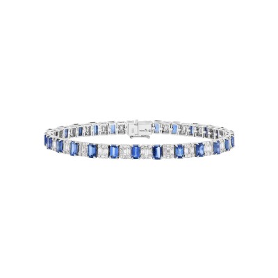 Bracelet rivière en or blanc, saphirs taille émeraude et diamants taille brillant et baguette