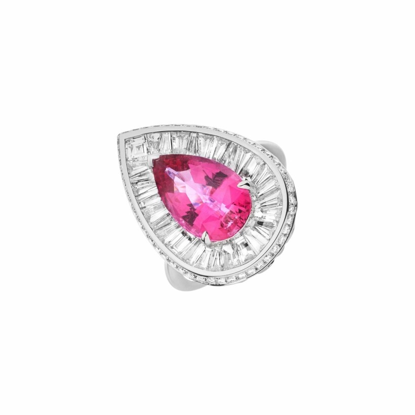 Bague Udaipur en or blanc, rubellite et diamants taille baguette