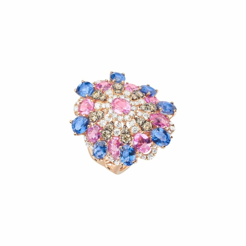 Bague Fiorina or rose, saphirs roses et bleus et diamants