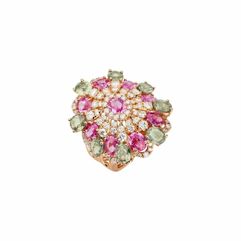 Bague Fiorina or rose, saphirs roses et verts et diamants