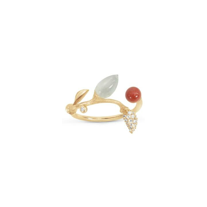 Ole Lynggaard Blooming ring, yellow gold, diamonds, coral and aquamarine