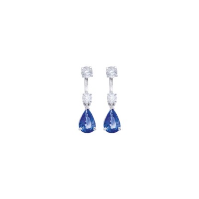 Boucles d'oreilles Raynal Flottantes en or blanc, diamants et saphirs