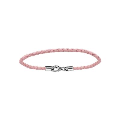 Bracelet en argent rhodié et cuir tressé rose