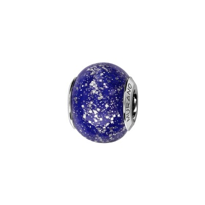 Charms coulissant argent rhodié murano véritable bleu pailleté