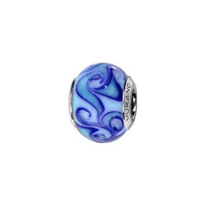 Charms coulissant argent rhodié murano véritable bleu motif