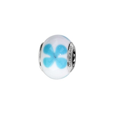 Charms coulissant argent rhodié murano véritable blanc motif fleur bleu ciel