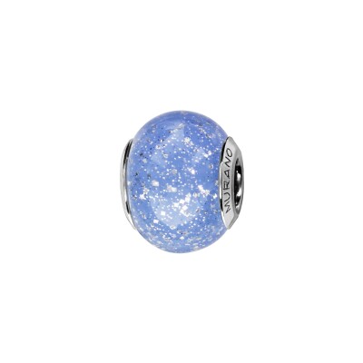 Charms coulissant argent rhodié murano véritable bleu ciel avec paillette