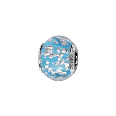 Charms coulissant argent rhodié murano véritable bleu ciel avec eclat blanc