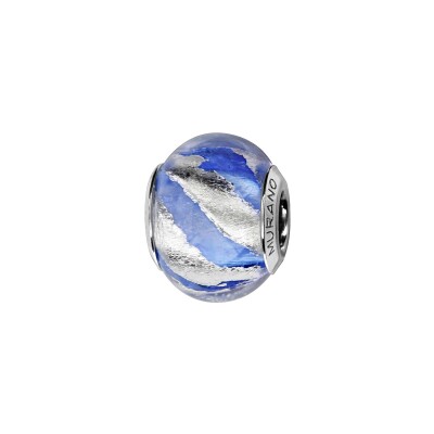 Charms coulissant argent rhodié murano véritable bleu ciel avec eclat en biais blanc