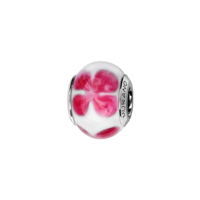 Charms coulissant argent rhodié murano véritable rose motif fleur