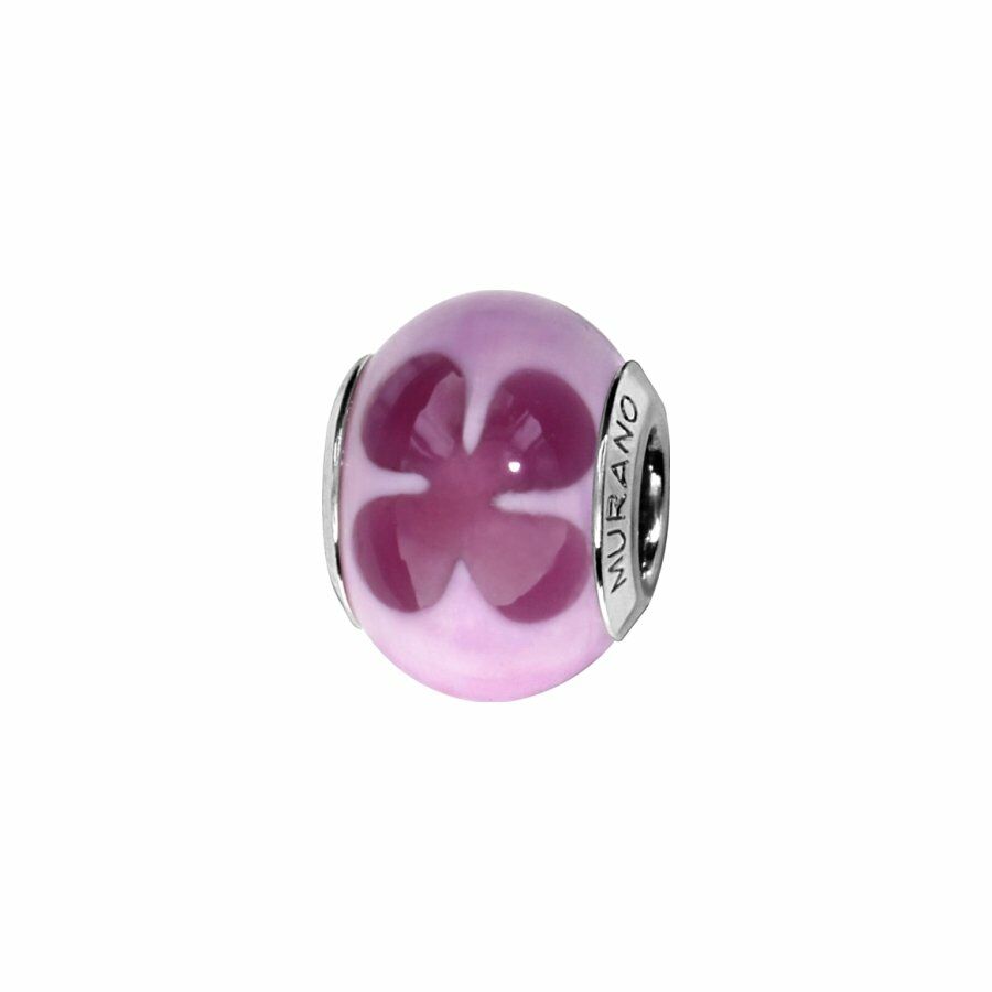 Charms coulissant argent rhodié murano véritable rose avec fleur